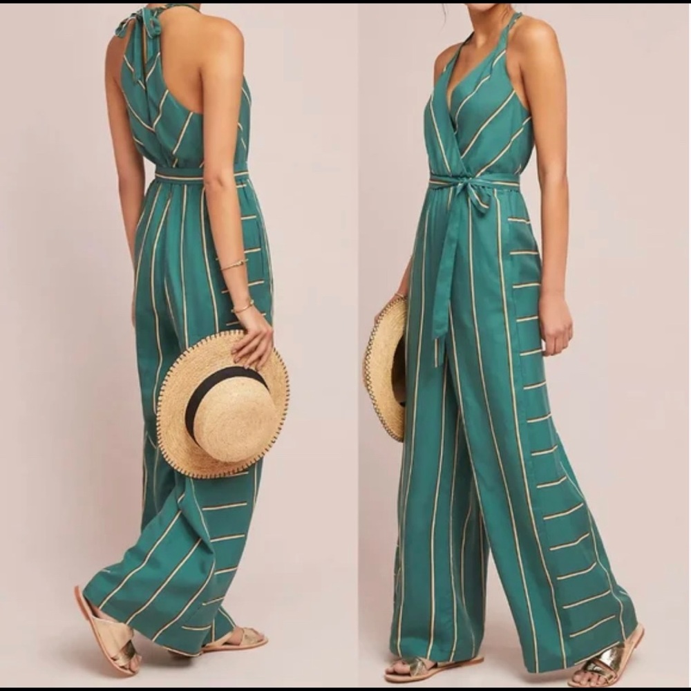 Ett Twa Anthropologie green striped jumpsuit